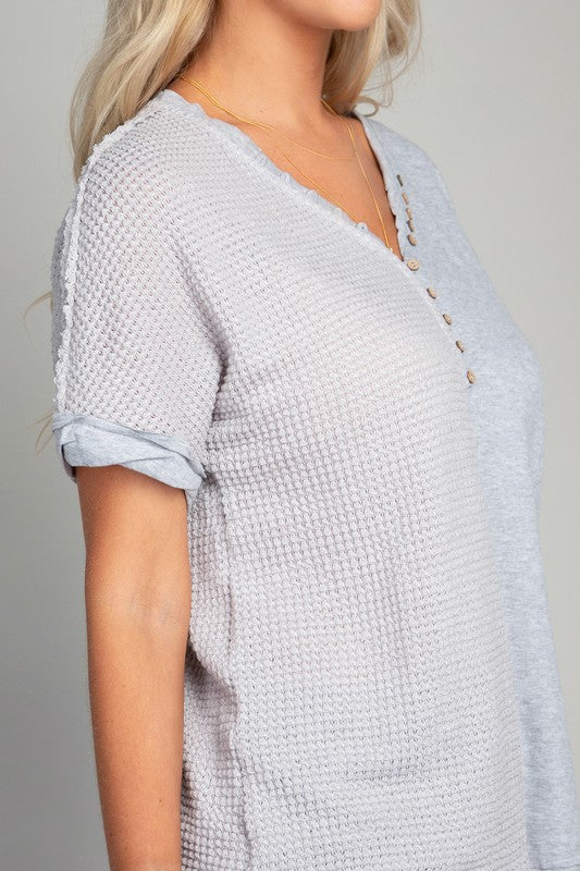 Waffle buttoned short sleeve top