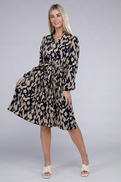 Allover Print Pleated Belted Dress
