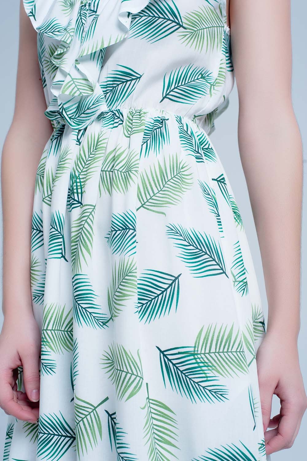GREEN PRINTED MIDI DRESS WITH RUCHES