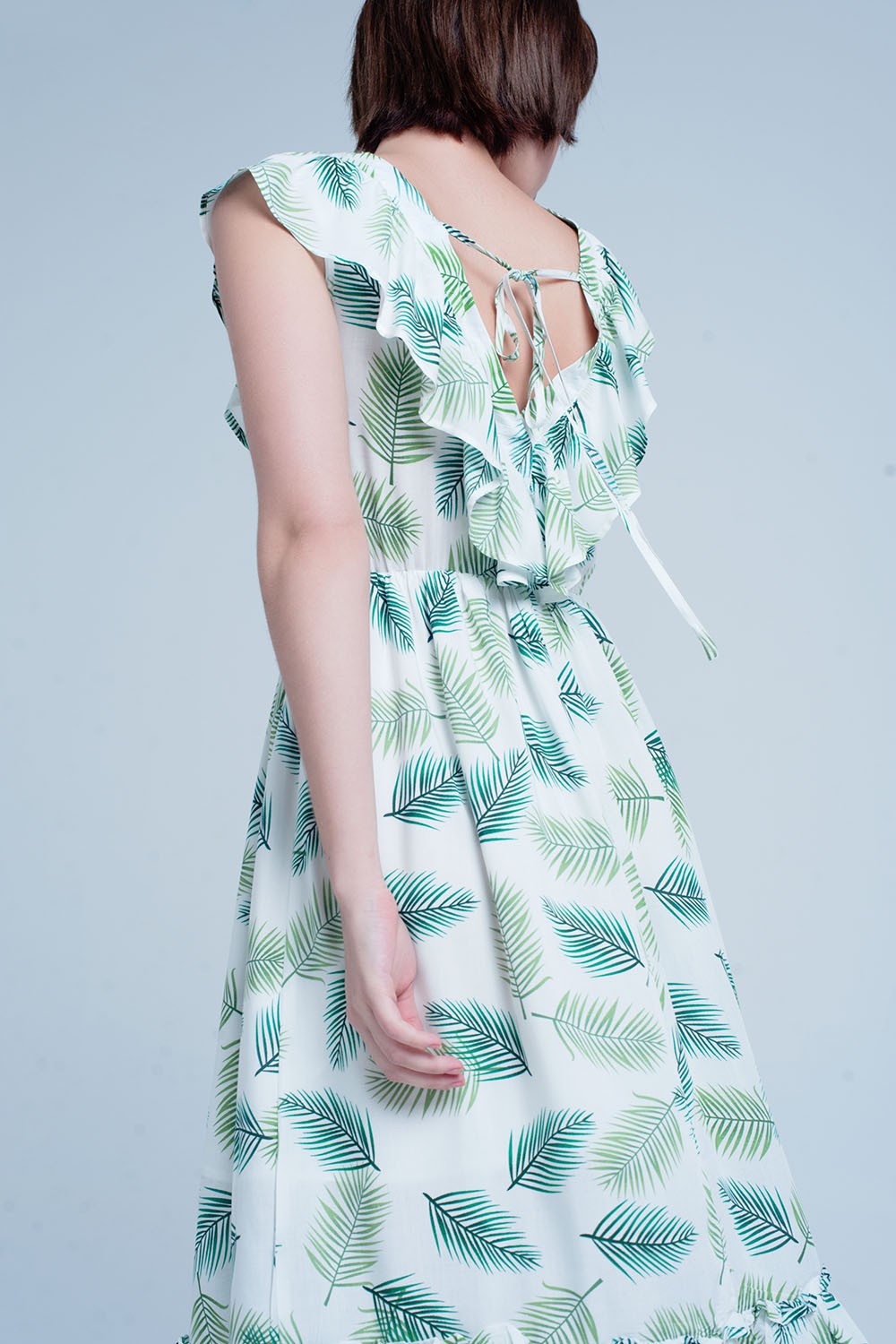 GREEN PRINTED MIDI DRESS WITH RUCHES