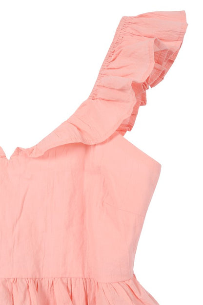 Pink open back tie peplum top with ruffle trim