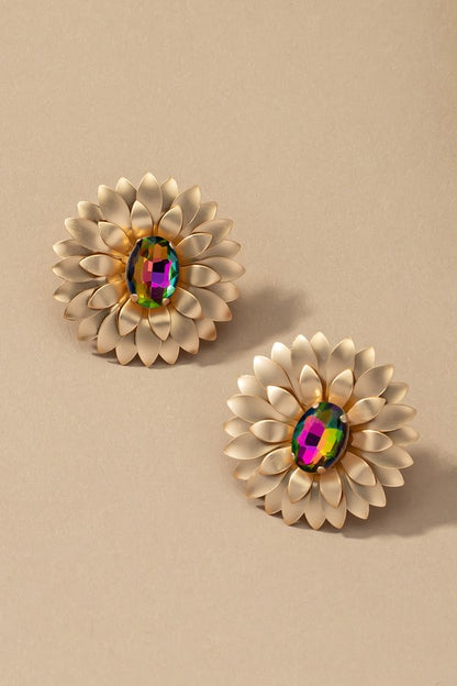 metal flower earrings with gem stone