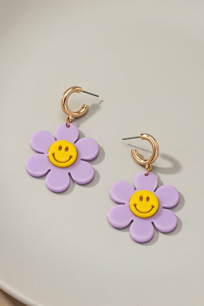 Huggie hoop dangling flower smiley face earrings