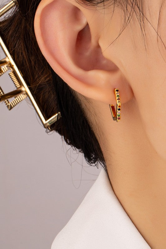 brass hexagon huggie earrings with color cz