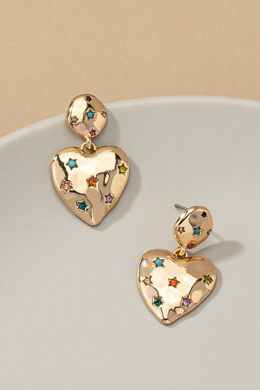 A212 puffy heart earrings with rhinestones stars