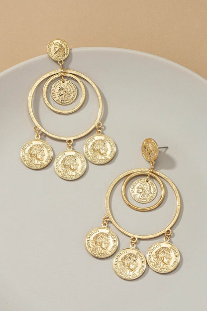 Double hoop drop earrings with dangling coins