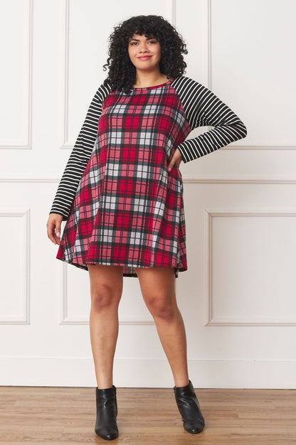 Plus Stripe Sleeve A- Line Mini Dress