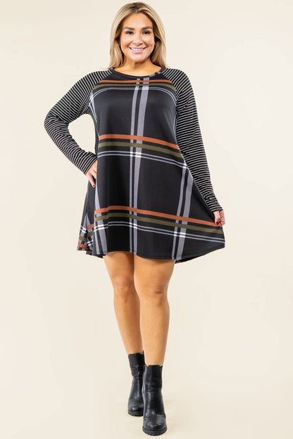 Plus Stripe Sleeve A- Line Mini Dress