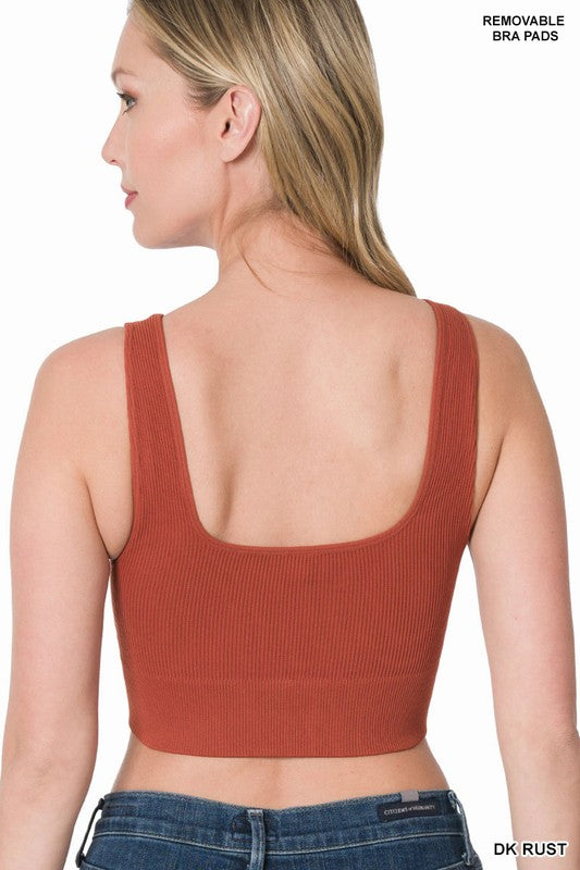 Ribbed Square Neck Cropped Tank Top with Bra Pads
