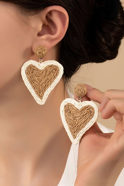 Raffia straw two tone heart drop earrings