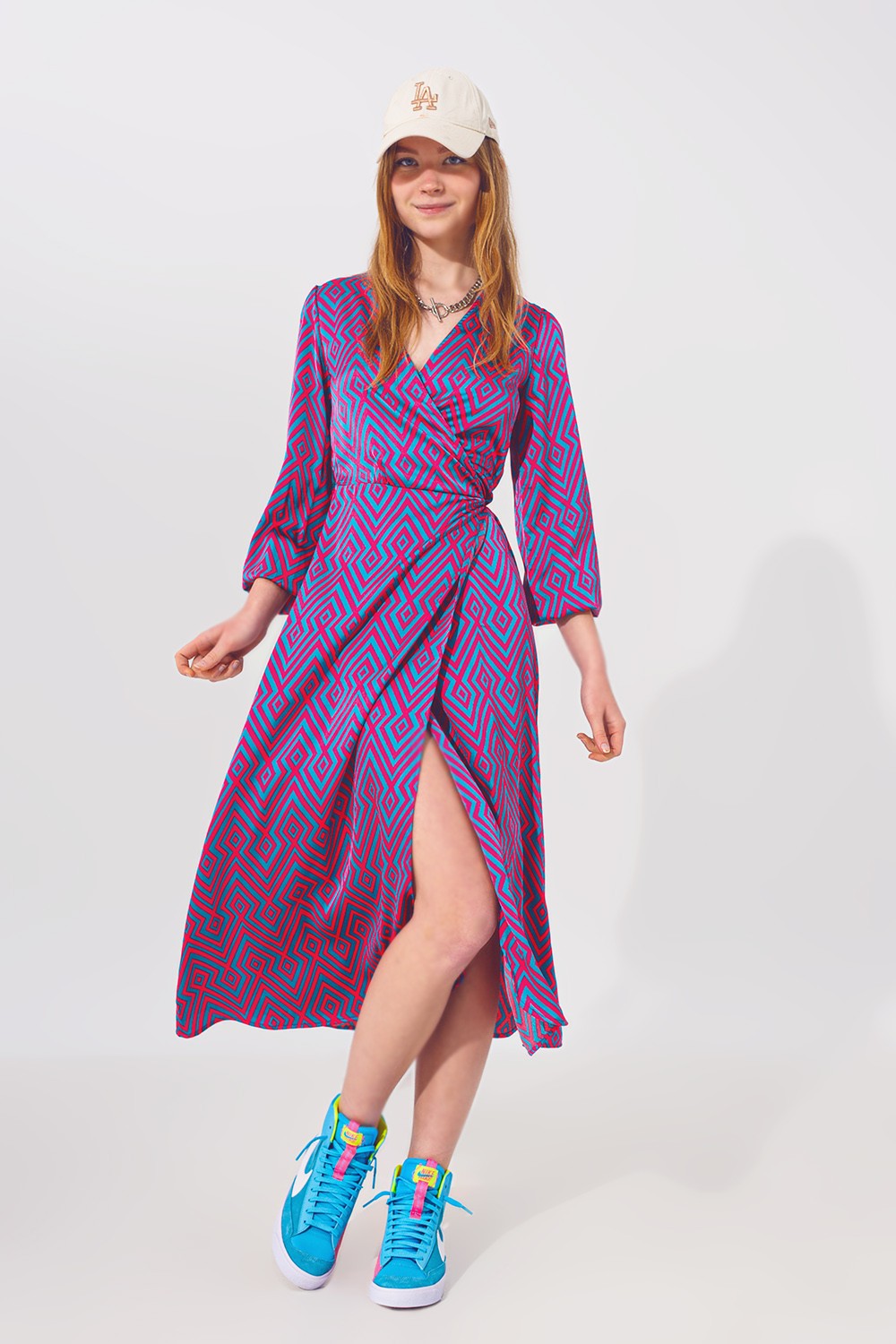 Long Sleeve Maxi Wrap Dress in Geo Print