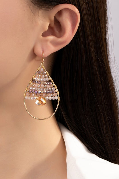 Faceted glass beaded teardrop hoop earrings