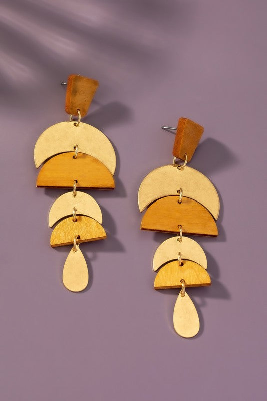 Linear wood and metal drop earrings