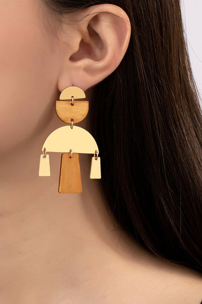 wood and metal geo shape drop chandelier earrings