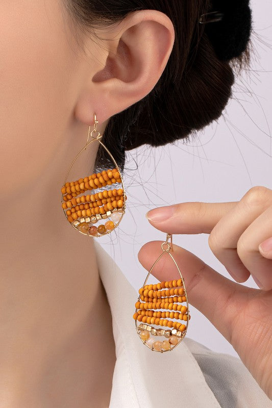 Hand woven wood and agate bead teardrop earrings