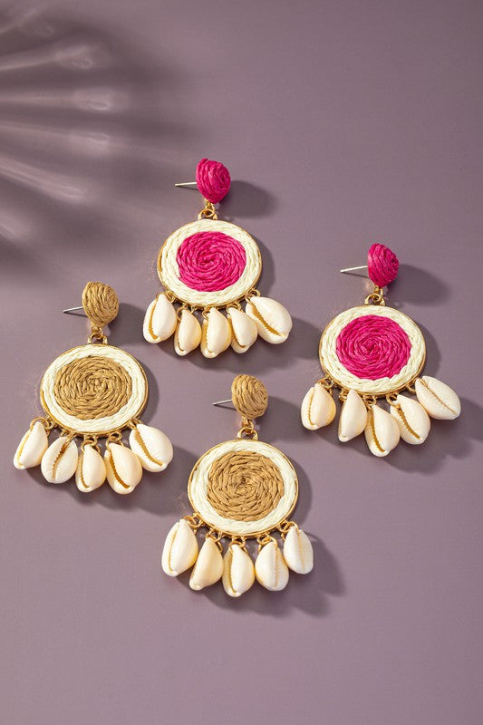 raffia straw disk earrings with puka shell drops
