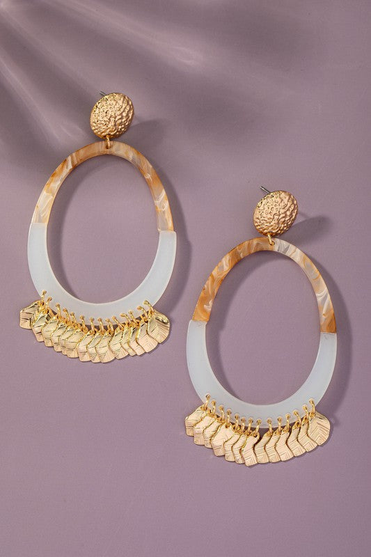 Oval acetate hoop earrings with leaf drops