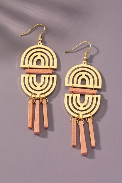 Double arch metal earrings with wood sticks