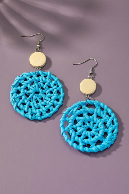 bright color rattan woven disk drop earrings