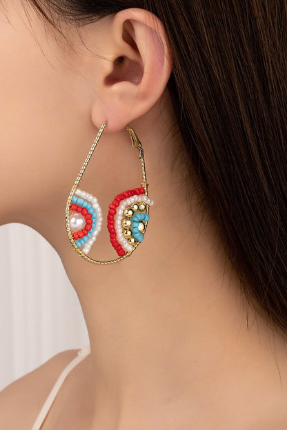multi color seed bead teardrop hoop earrings