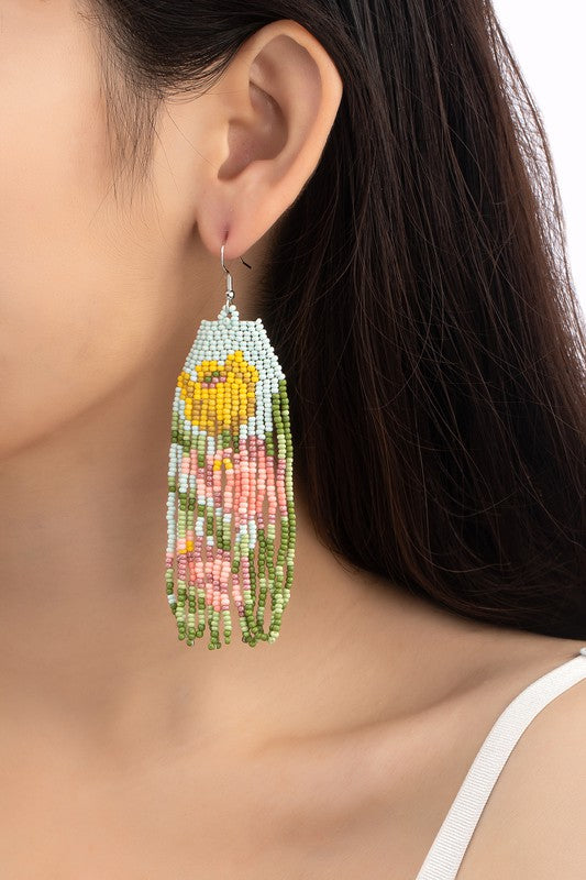 pink and yellow flowers seed bead drop earrings