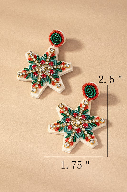 Multi color seed bead snow flake drop earrings