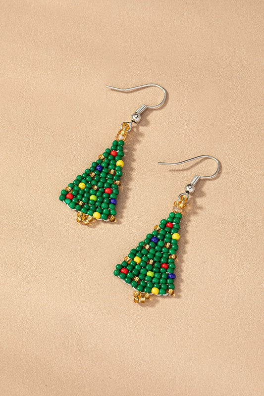 Seed bead small Christmas tree drop earrings