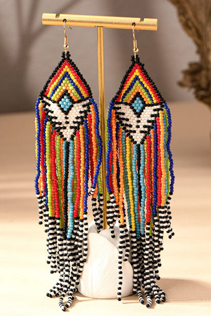 6.5 inch Aztec seed bead statement drop earrings