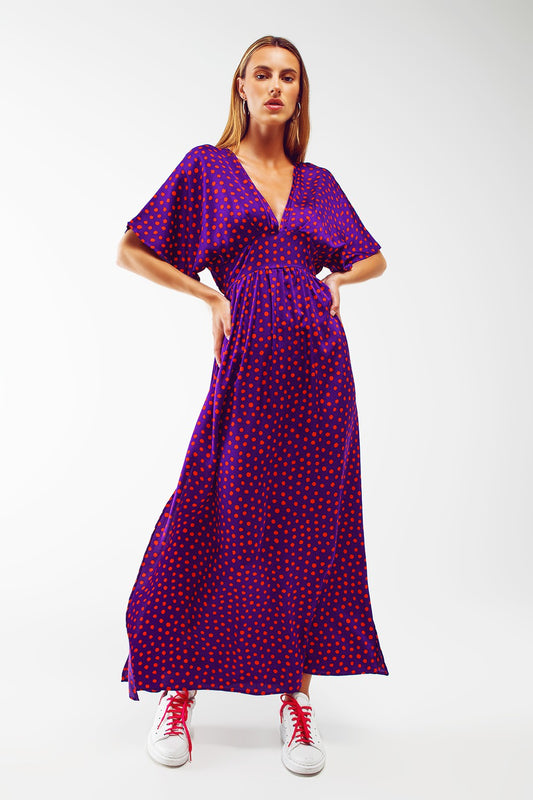 MAXI CINCHED AT THE WAIST DRESS IN PURPLE POLKA