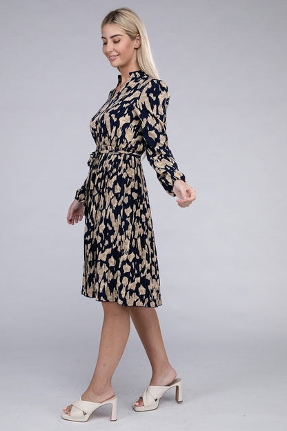 Allover Print Pleated Belted Dress