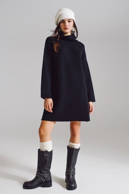 BLACK HIGH NECK STRAIGHT STYLE KNITTED DRESS