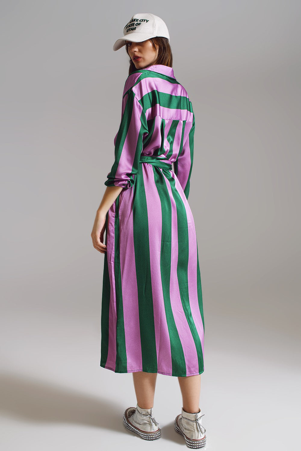 MIDI BELTED SHIRT DRESS IN LILAC AND GREEN STRIPE