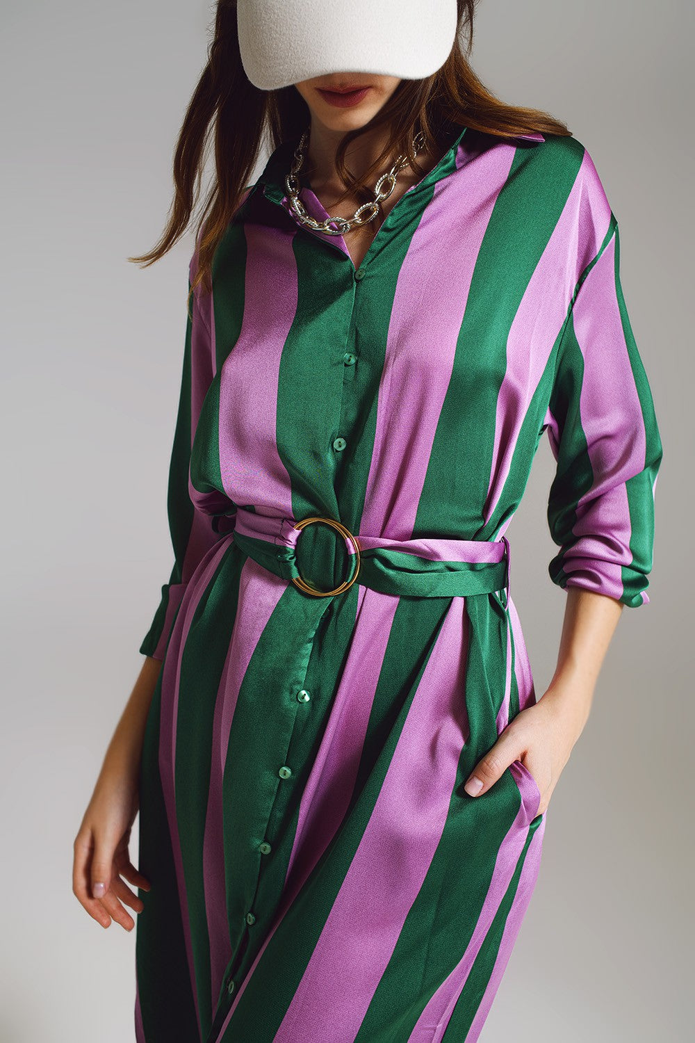MIDI BELTED SHIRT DRESS IN LILAC AND GREEN STRIPE