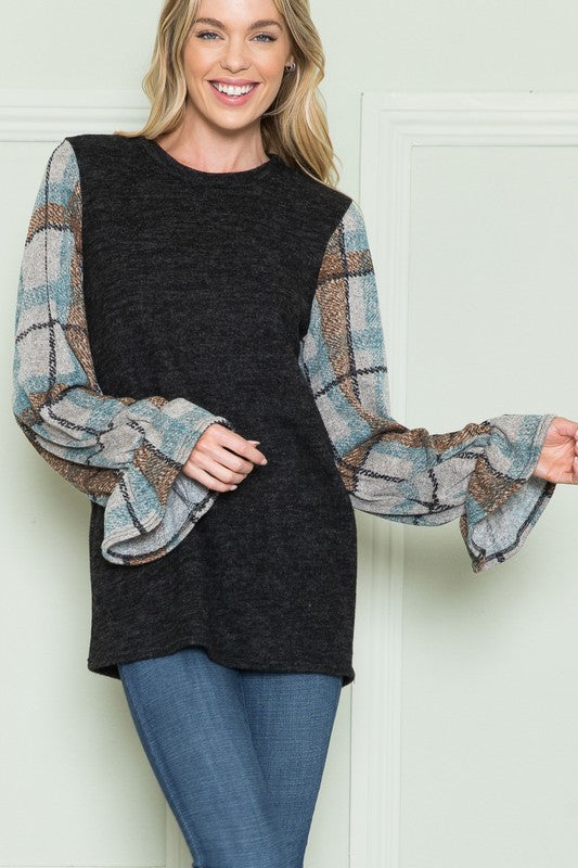 Solid Plaid Bubble Sleeve Contrast Top