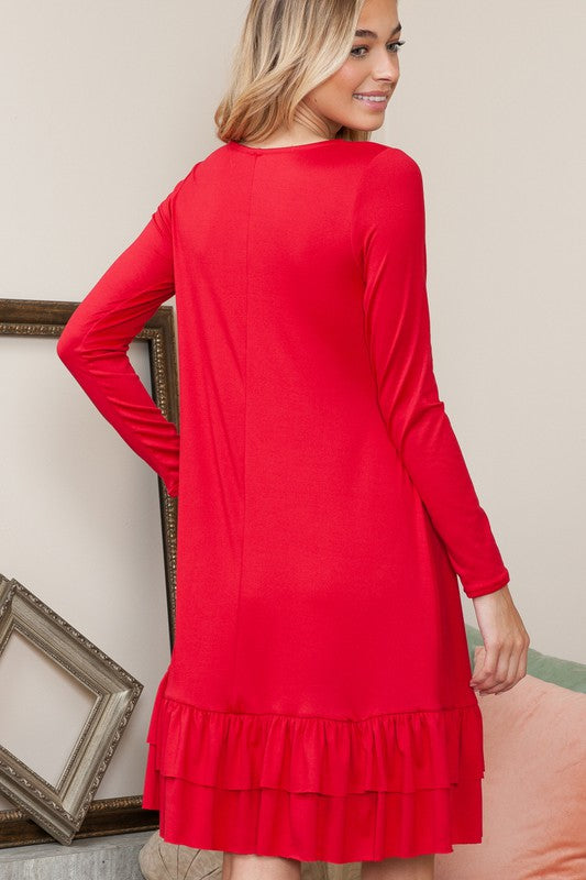 Plus Solid Long Sleeve Tiered Dress