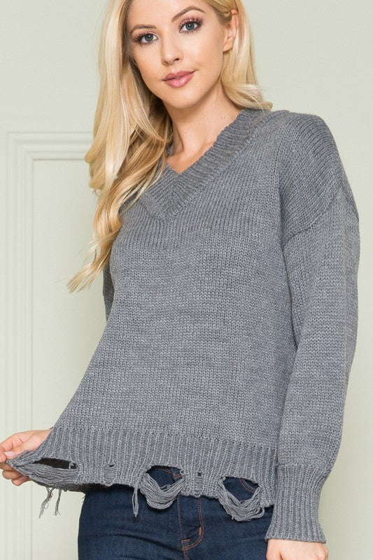 Solid Long Sleeve V Neck Top with Ripped Hem