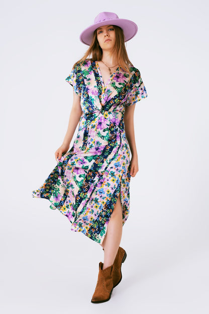 FLOWER PRINT FRONT KNOT MAXI DRESS IN MULTICOLOUR