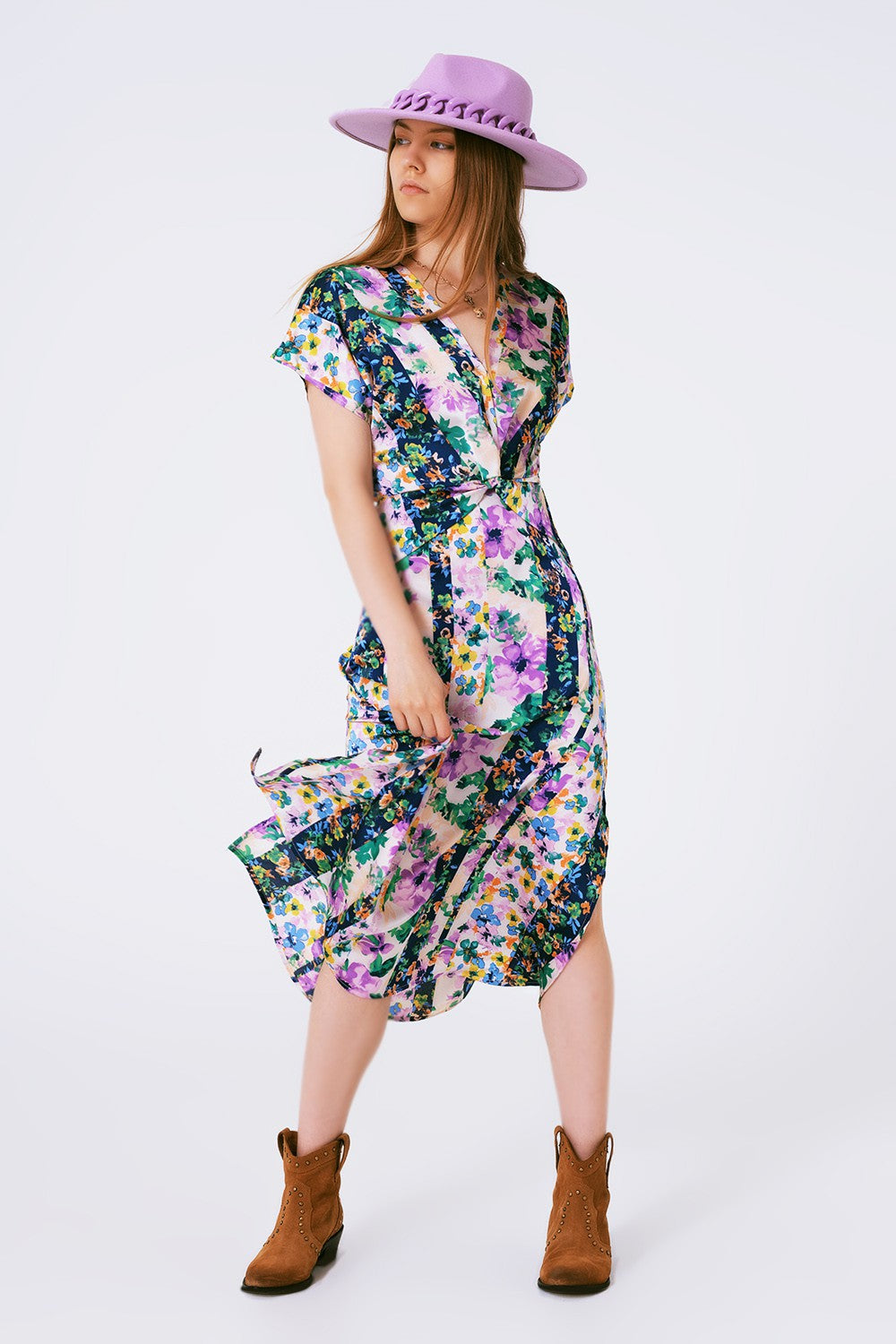 FLOWER PRINT FRONT KNOT MAXI DRESS IN MULTICOLOUR