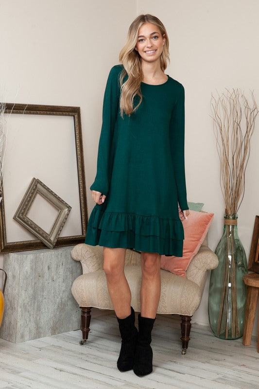 Plus Solid Long Sleeve Tiered Dress