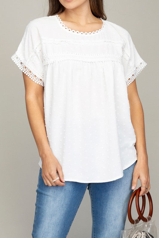 White Swiss Dot with lace trim blouses-femmiflare.com