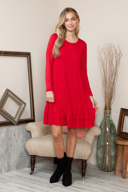 Solid Long Sleeve Tiered Dress