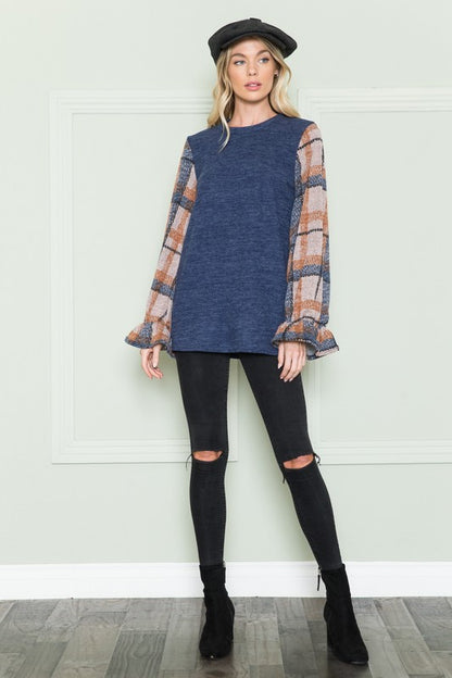 Solid Plaid Bubble Sleeve Contrast Top
