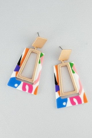 TRAPEZOID CUT OUT GRAPHIC PRINT DROP EARRINGS