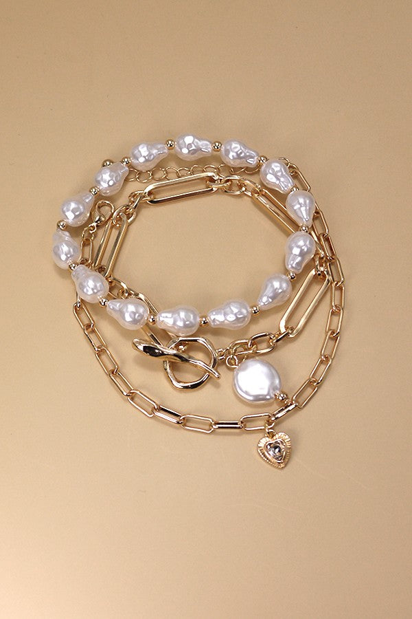 3 ROW PEARL LINK TOGGLE PAPER CLIP BRACELET