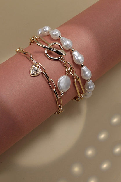 3 ROW PEARL LINK TOGGLE PAPER CLIP BRACELET