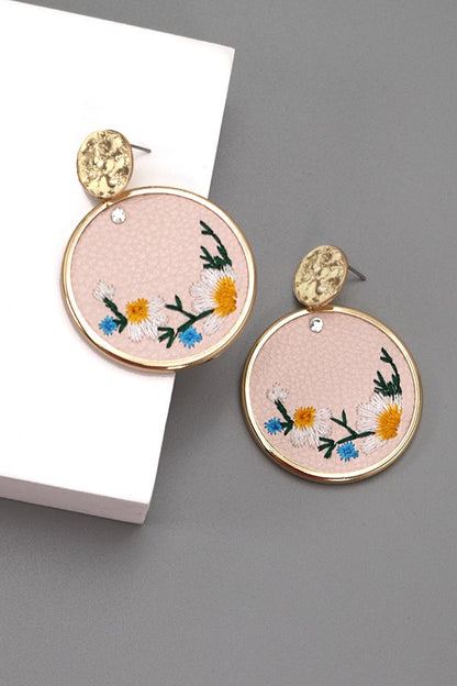 HAND MADE EMBROIDERY ON FAUX LEATHER DROP EARRINGS