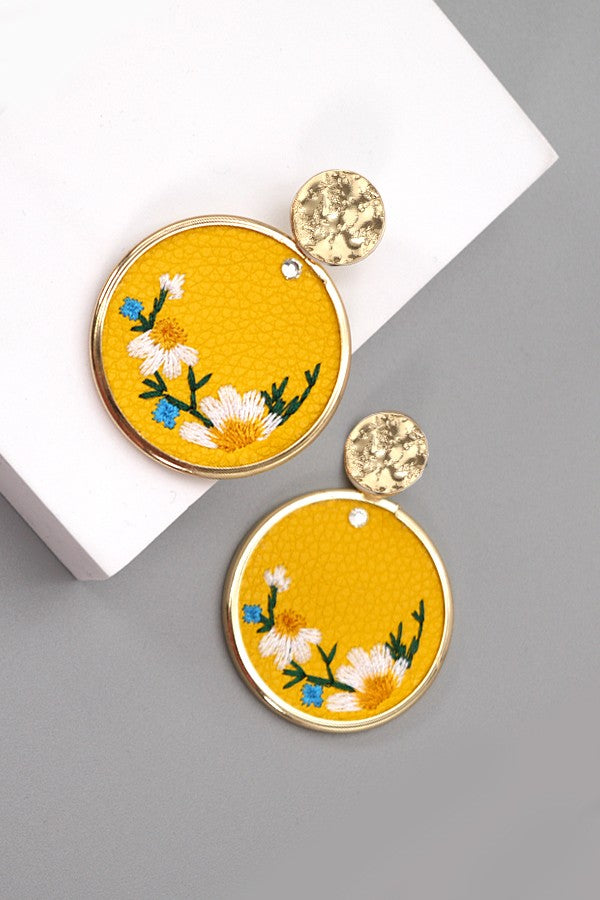 HAND MADE EMBROIDERY ON FAUX LEATHER DROP EARRINGS