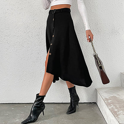 Buttoned Asymmetrical Skirt with Belt