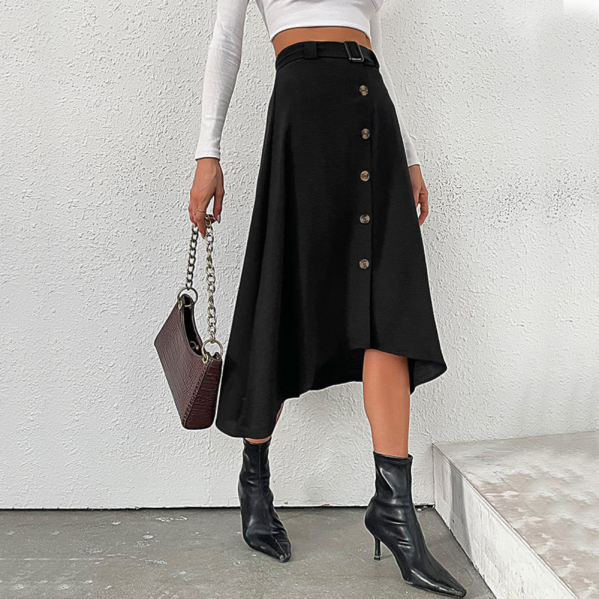 Buttoned Asymmetrical Skirt with Belt