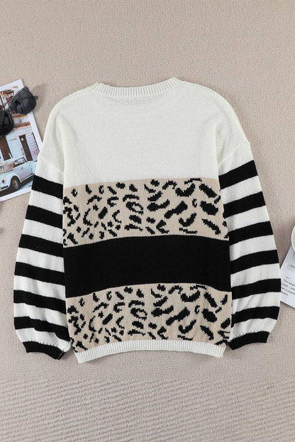 Slouchy Drop-Shoulder Leopard Striped Colorblock Sweater